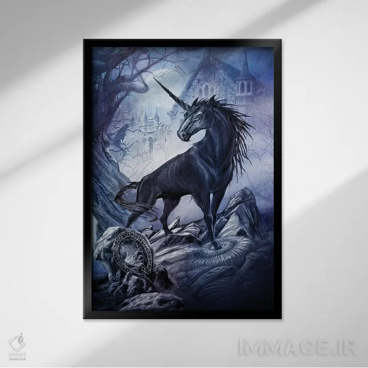 تابلو نوتیکورن (اسب شاخدار شب) اثر آلکمی انگلند (استودیو هنری انگلیسی) - نمای قابدار مشکی