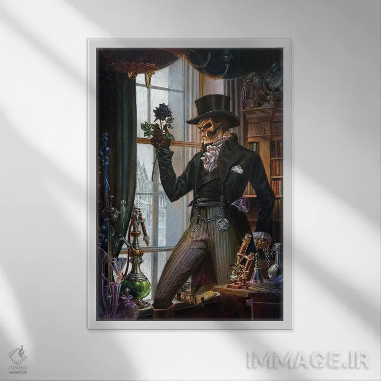 تابلو مُردهام پس هستم (عبارت لاتین) اثر آلکمی انگلند (استودیو هنری انگلیسی) - نمای قابدار سفید