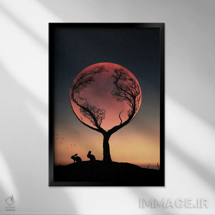 تابلو خرگوش و ماه کامل اثر عبدالله ایویندار - نمای قابدار مشکی