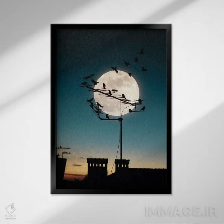 تابلو ماه و پرندگان اثر عبدالله ایویندار - نمای قابدار مشکی