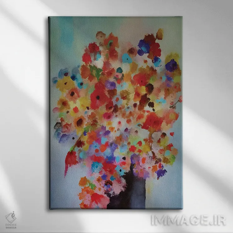 تابلو گلدان با گلهای رنگارنگ اثر آنجِل استوز - نمای روبهرو روی دیوار