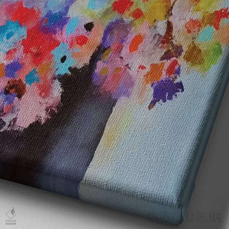 تابلو گلدان با گلهای رنگارنگ اثر آنجِل استوز - نمای نزدیک بافت بوم