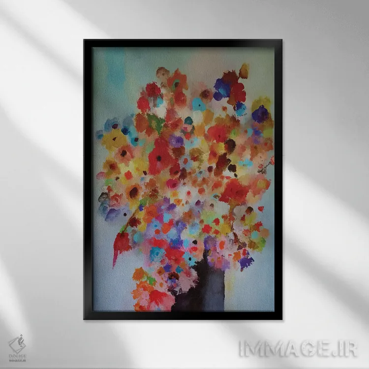 تابلو گلدان با گلهای رنگارنگ اثر آنجِل استوز - نمای قابدار مشکی