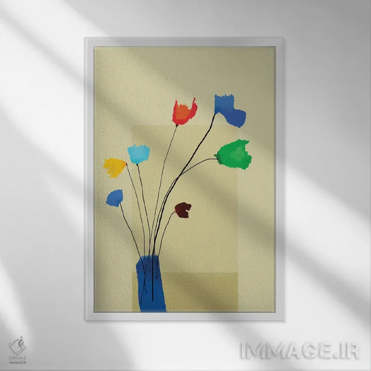 تابلو گلدان با گلهای کوچک رنگارنگ اثر آنجِل استوز - نمای قابدار سفید