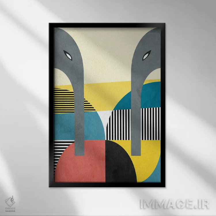 تابلو زوج هندسی فیلها اثر آنجِل استوز - نمای قابدار مشکی