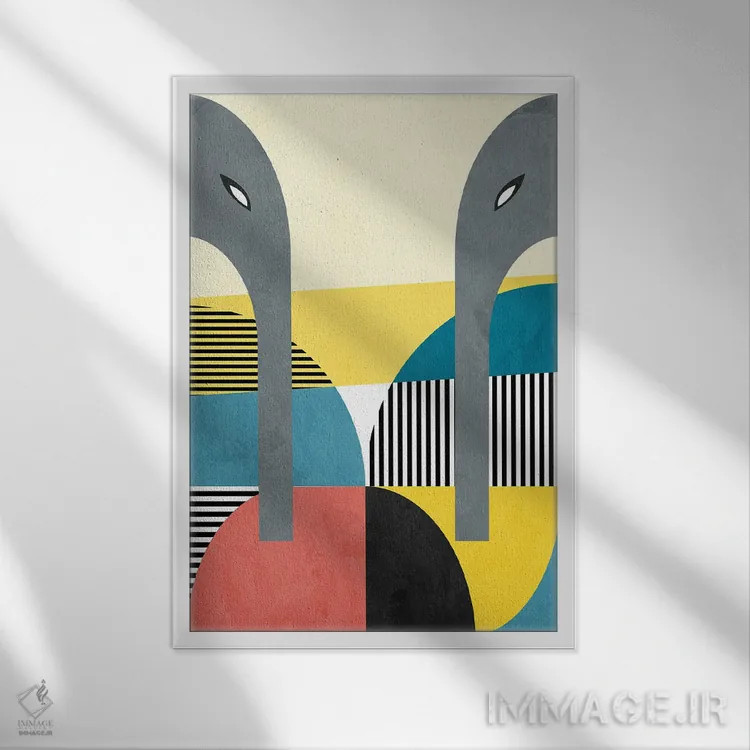 تابلو زوج هندسی فیلها اثر آنجِل استوز - نمای قابدار سفید