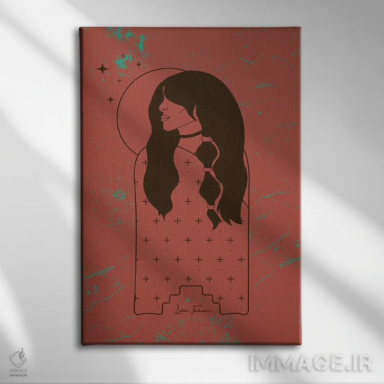 تابلو دختر ماه در آدوبی (رنگ یا مادهٔ آجر گلی) اثر آلی فالکن - نمای روبهرو روی دیوار