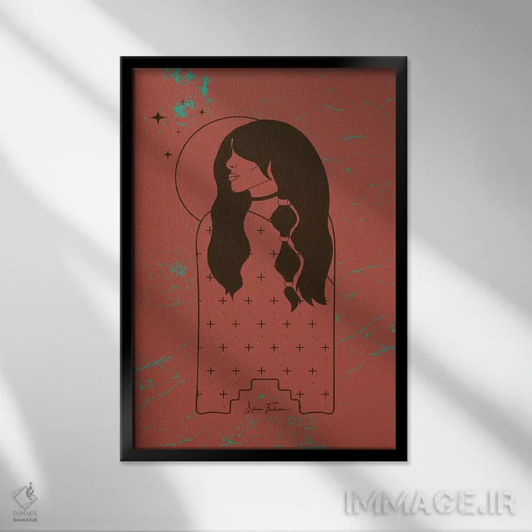 تابلو دختر ماه در آدوبی (رنگ یا مادهٔ آجر گلی) اثر آلی فالکن - نمای قابدار مشکی