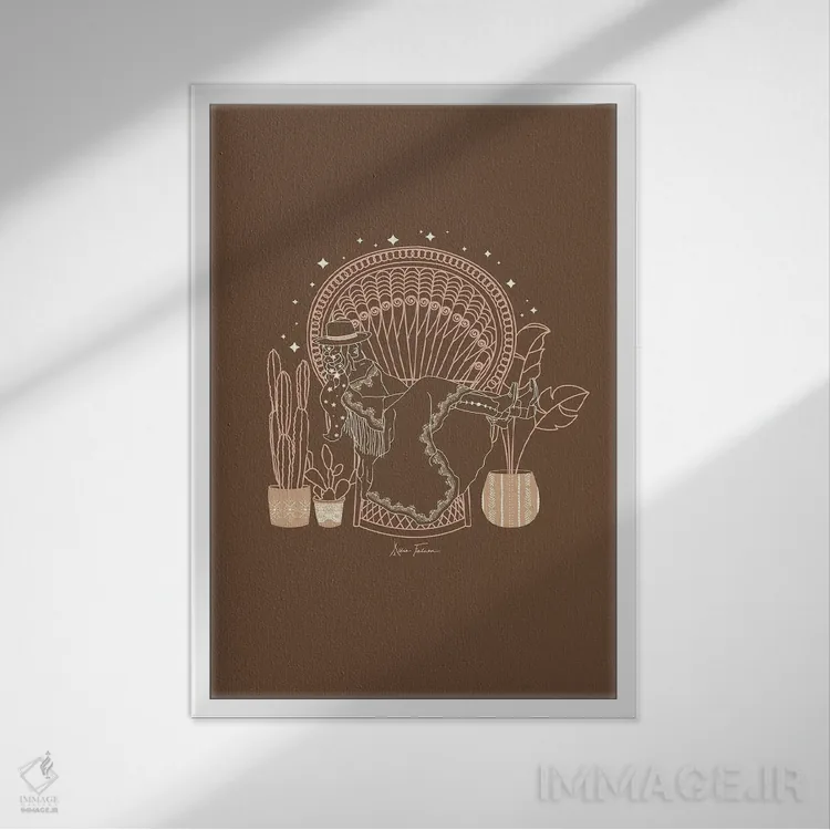 تابلو بوهمی تگزاس در قهوهای و گلگون اثر آلی فالکن - نمای قابدار سفید