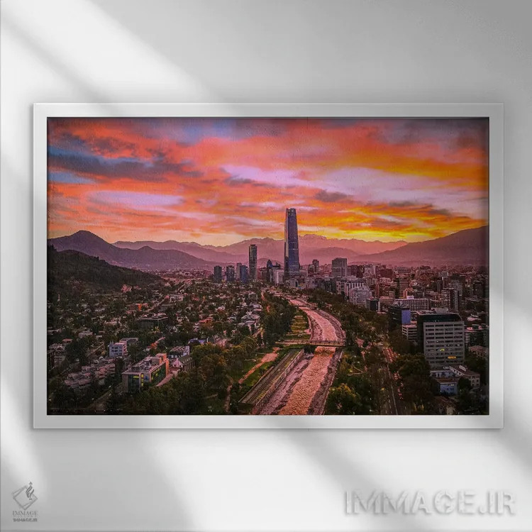 تابلو طلوع آسماننمای سانتیاگو بر رودخانه اثر الکس جی پرز - نمای قابدار سفید