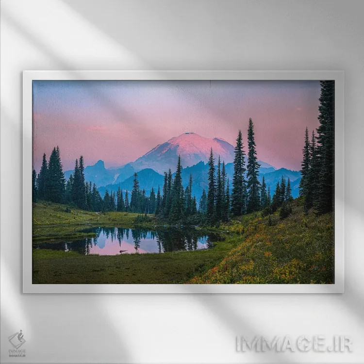 تابلو دریاچه طلوع کوه رینیر اثر الکس جی پرز - نمای قابدار سفید