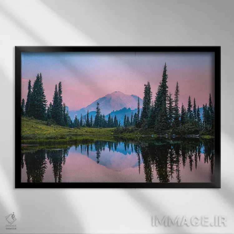 تابلو انعکاس طلوع دریاچه کوه رینیر اثر الکس جی پرز - نمای قابدار مشکی