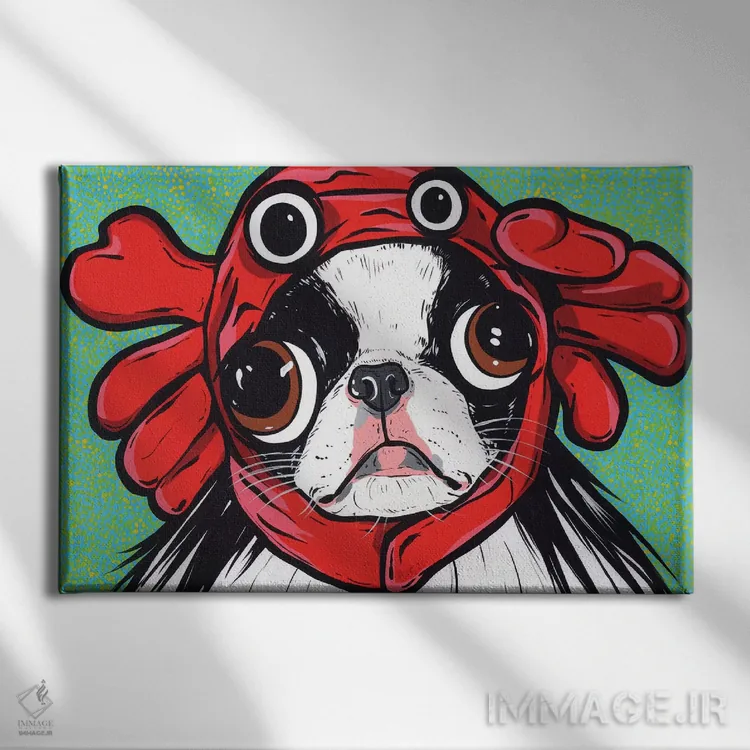 تابلو سگ ژاپنی شین با خرچنگ اثر آلیسون گاتچل - نمای روبهرو روی دیوار