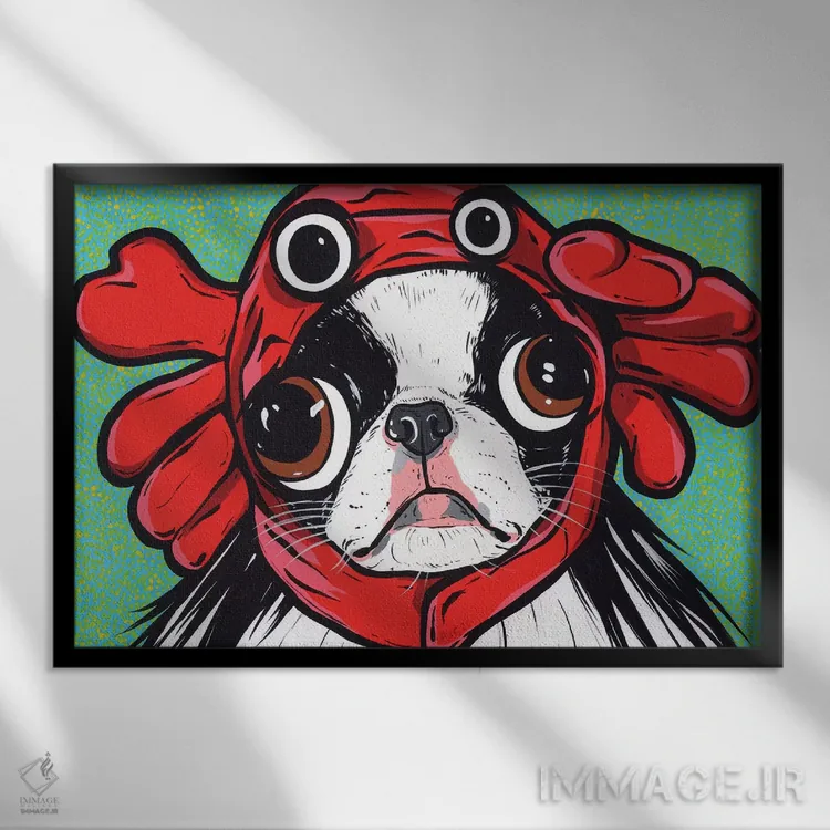 تابلو سگ ژاپنی شین با خرچنگ اثر آلیسون گاتچل - نمای قابدار مشکی