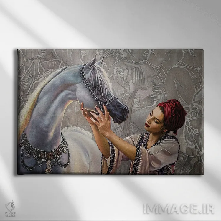 تابلو فَرَس عزیزه (اسم خاص؛ ممکن است اسب باشد) اثر علی حسون - نمای روبهرو روی دیوار