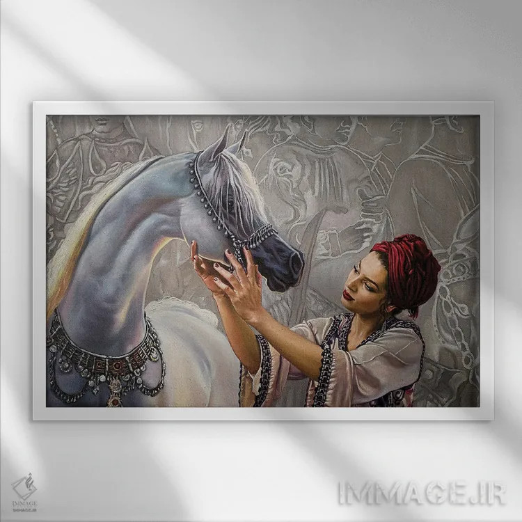 تابلو فَرَس عزیزه (اسم خاص؛ ممکن است اسب باشد) اثر علی حسون - نمای قابدار سفید