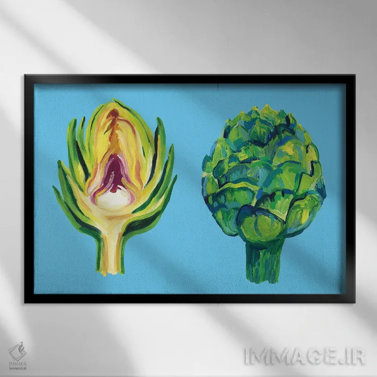 تابلو کنگر فرنگی روی زمینهٔ آبی اثر آلیس استراکر - نمای قابدار مشکی