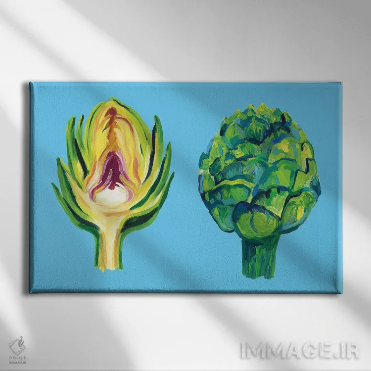 تابلو کنگر فرنگی روی زمینهٔ آبی اثر آلیس استراکر - نمای روبهرو روی دیوار