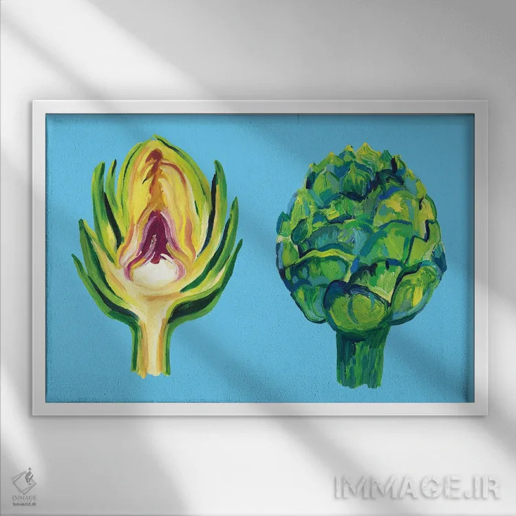 تابلو کنگر فرنگی روی زمینهٔ آبی اثر آلیس استراکر - نمای قابدار سفید