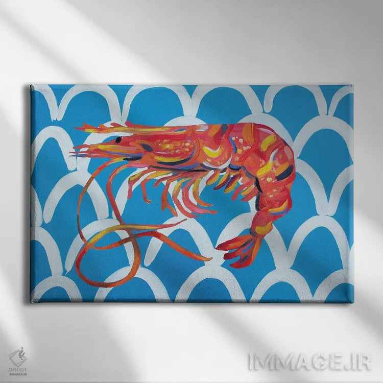 تابلو میگو روی زمینهٔ موجی آبی اثر آلیس استراکر - نمای روبهرو روی دیوار