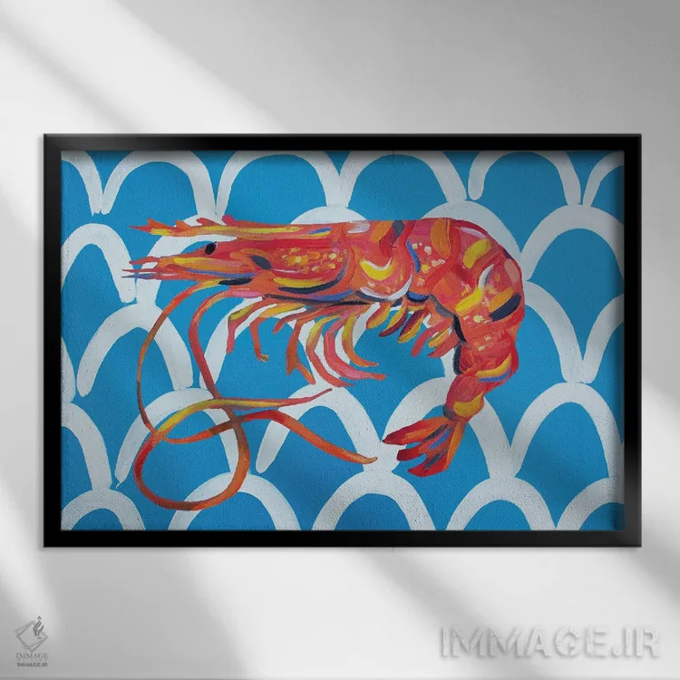 تابلو میگو روی زمینهٔ موجی آبی اثر آلیس استراکر - نمای قابدار مشکی