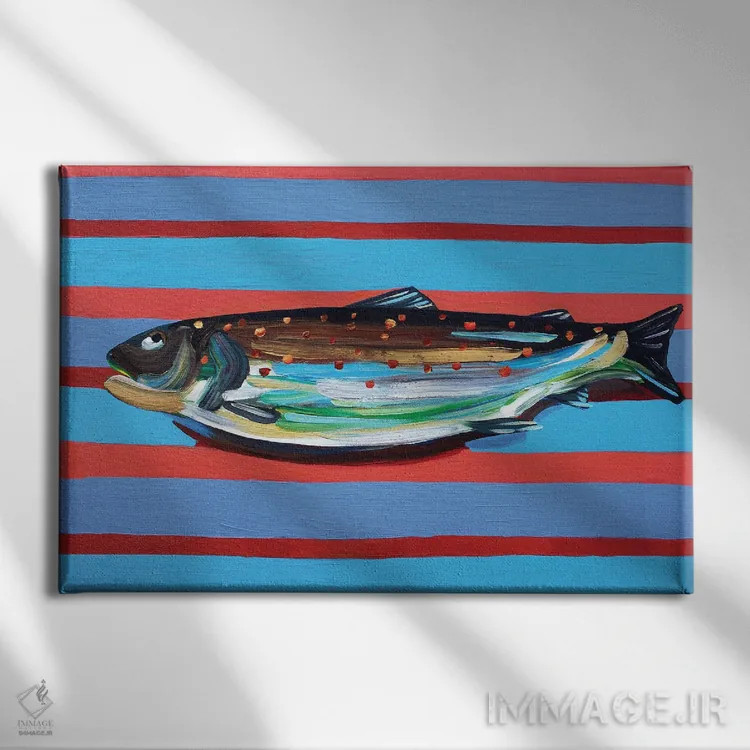 تابلو قزلآلای قهوهای روی خطوط آبی و زرشکی اثر آلیس استراکر - نمای روبهرو روی دیوار