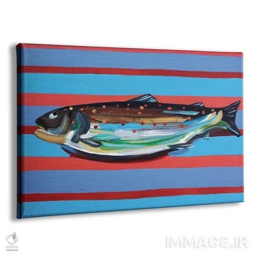 تابلو قزلآلای قهوهای روی خطوط آبی و زرشکی اثر آلیس استراکر - نمای پرسپکتیو محصول