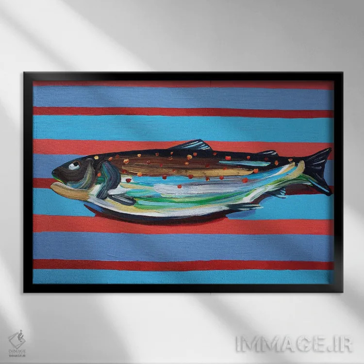 تابلو قزلآلای قهوهای روی خطوط آبی و زرشکی اثر آلیس استراکر - نمای قابدار مشکی