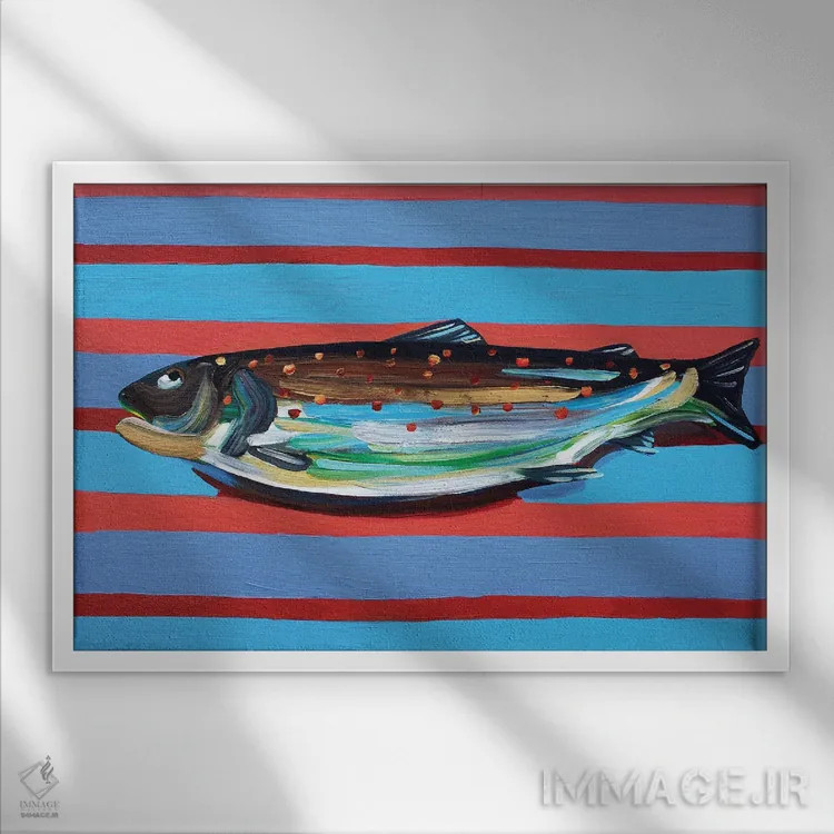 تابلو قزلآلای قهوهای روی خطوط آبی و زرشکی اثر آلیس استراکر - نمای قابدار سفید