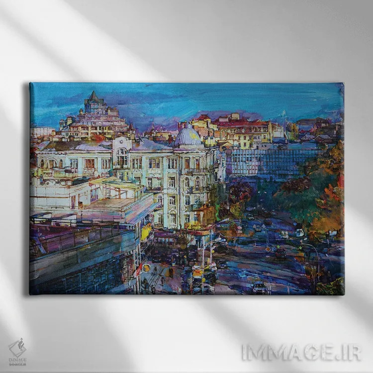 تابلو منظرهٔ پاییزی شهر اثر اندریی کوتساچنکو - نمای روبهرو روی دیوار