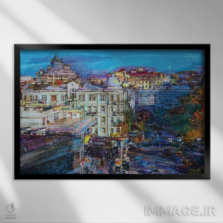 تابلو منظرهٔ پاییزی شهر اثر اندریی کوتساچنکو - نمای قابدار مشکی