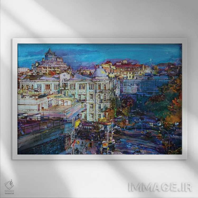 تابلو منظرهٔ پاییزی شهر اثر اندریی کوتساچنکو - نمای قابدار سفید