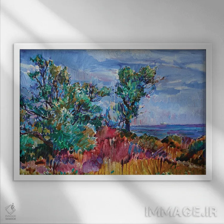 تابلو درختان کنار دریا اثر اندریی کوتساچنکو - نمای قابدار سفید