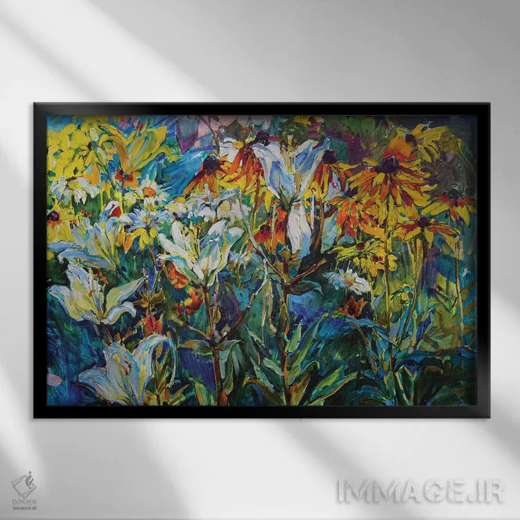 تابلو گلهای وحشی و سوسنهای سفید اثر اندریی کوتساچنکو - نمای قابدار مشکی