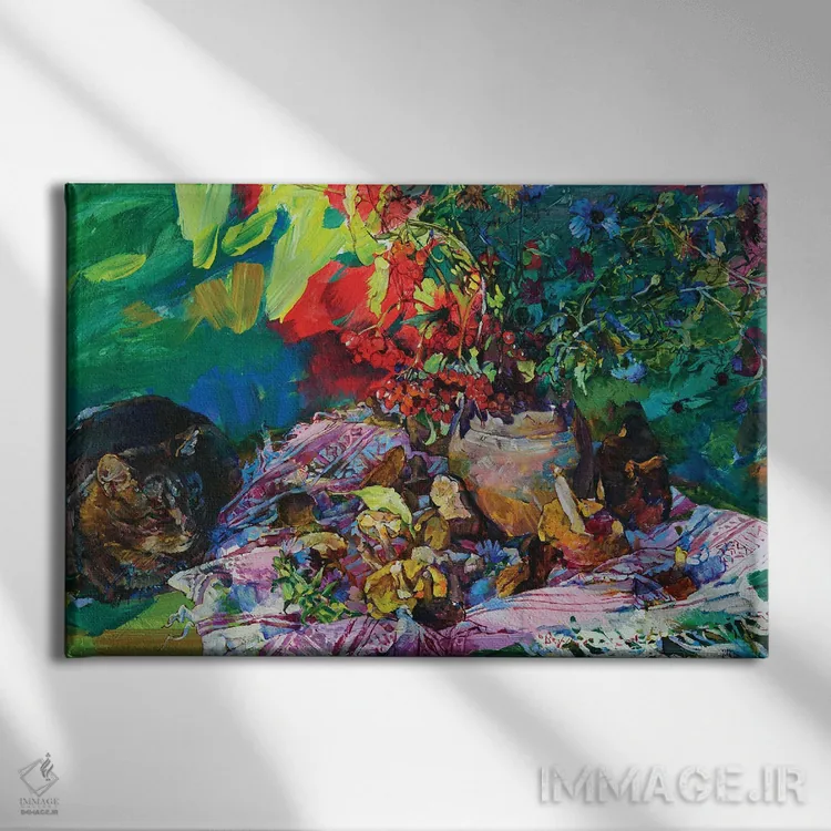 تابلو طبیعت بیجان با یک گربه اثر اندریی کوتساچنکو - نمای روبهرو روی دیوار