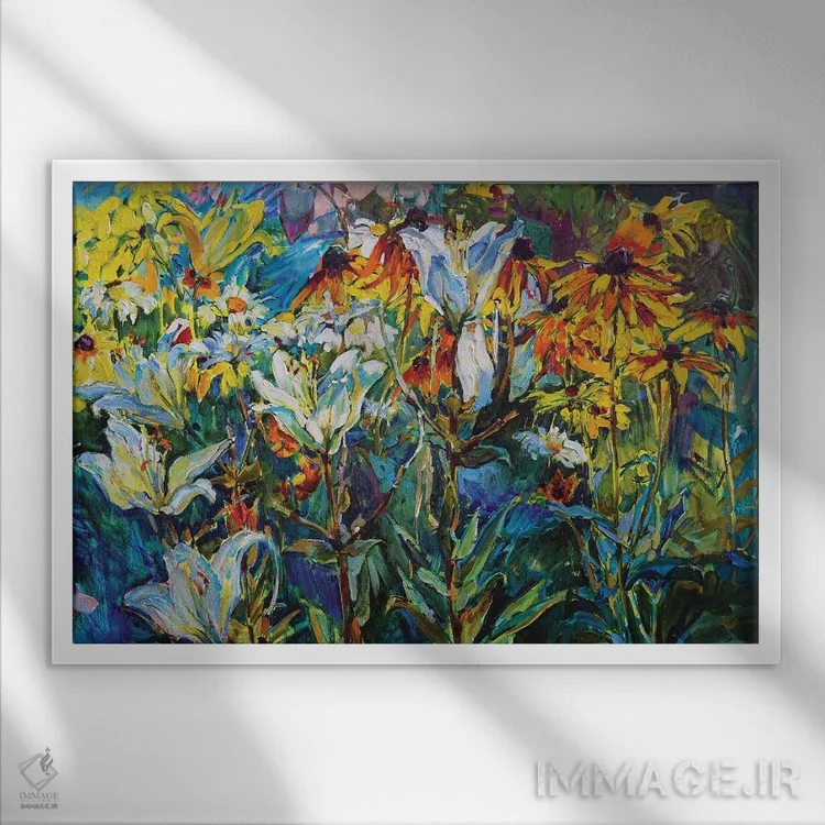 تابلو گلهای وحشی و سوسنهای سفید اثر اندریی کوتساچنکو - نمای قابدار سفید