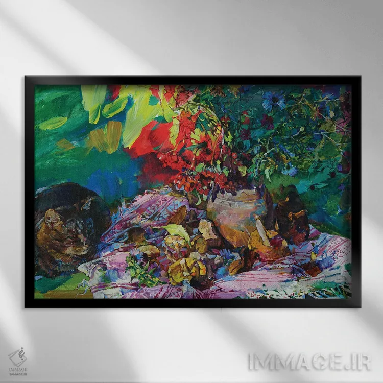 تابلو طبیعت بیجان با یک گربه اثر اندریی کوتساچنکو - نمای قابدار مشکی