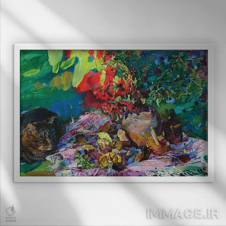 تابلو طبیعت بیجان با یک گربه اثر اندریی کوتساچنکو - نمای قابدار سفید