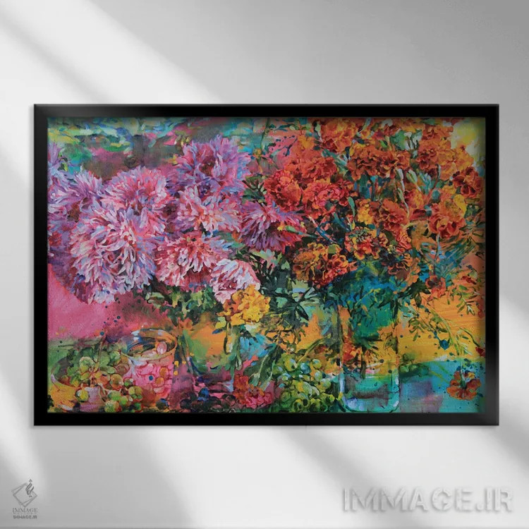 تابلو داوودی و همیشهبهار، دستهگل پاییزی اثر اندریی کوتساچنکو - نمای قابدار مشکی