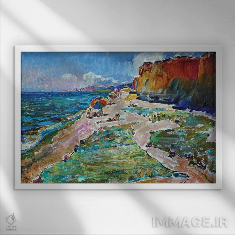 تابلو ساحل همراه با تور ماهیگیری اثر اندریی کوتساچنکو - نمای قابدار سفید