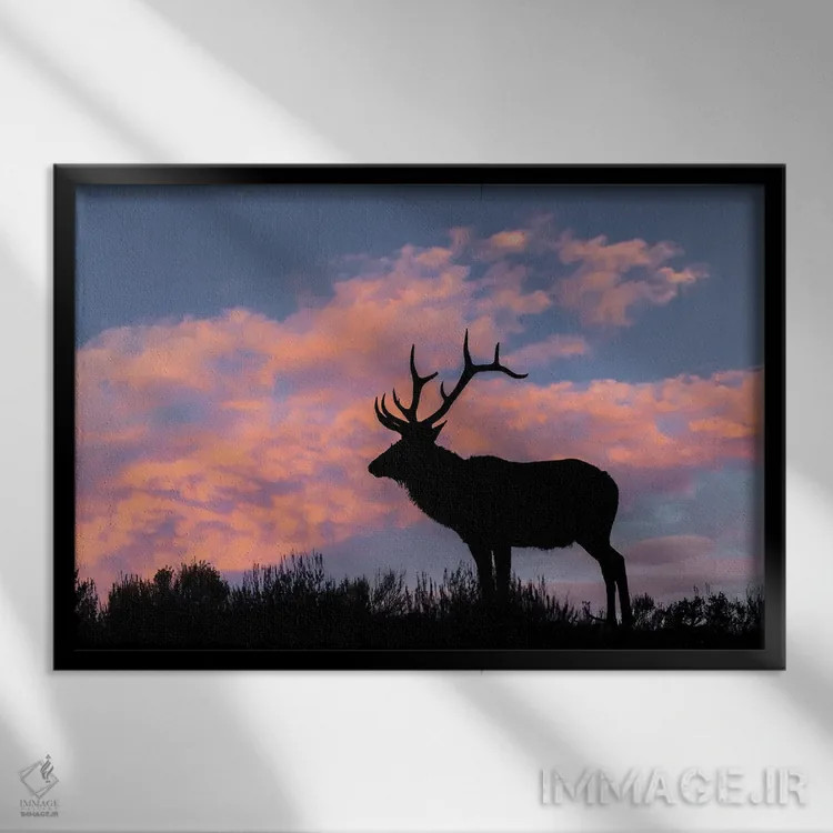 تابلو سیلوئت گوزن نر یا واپیتی روی قله خطالرأس، پارک ملی یلوستون، وایومینگ اثر آدام جونز - نمای قابدار مشکی