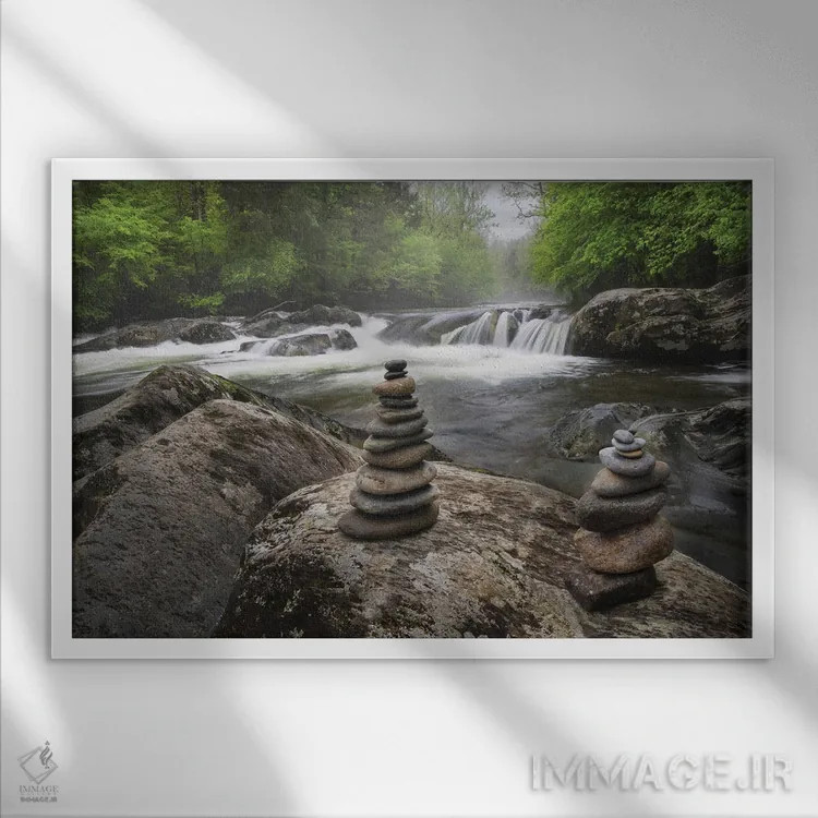 تابلو جویبار کوهستانی آبشاری و سنگچین، پارک ملی کوههای اسموکی بزرگ، تنسی، کارولینای شمالی اثر آدام جونز - نمای قابدار سفید