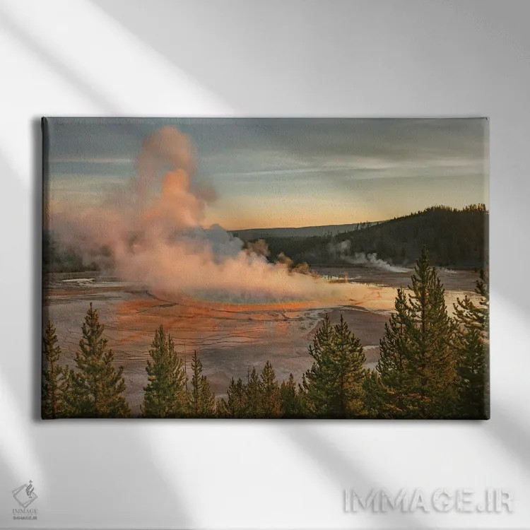 تابلو نمای طلوع مرتفع از چشمه گرند پریسماتیک و بستر باکتریایی رنگارنگ، پارک ملی یلوستون، وایومینگ اثر آدام جونز - نمای روبهرو روی دیوار