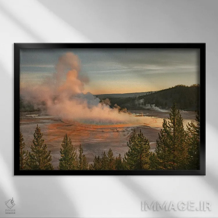 تابلو نمای طلوع مرتفع از چشمه گرند پریسماتیک و بستر باکتریایی رنگارنگ، پارک ملی یلوستون، وایومینگ اثر آدام جونز - نمای قابدار مشکی