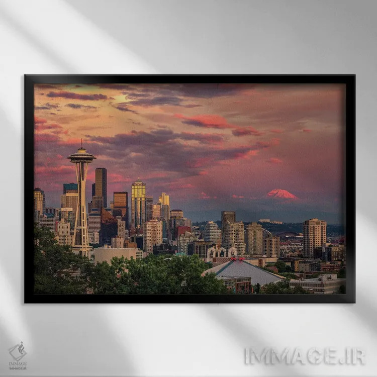 تابلو خط افق سیاتل، ایالت واشنگتن و کوه رینیر در دوردست اثر آدام جونز - نمای قابدار مشکی
