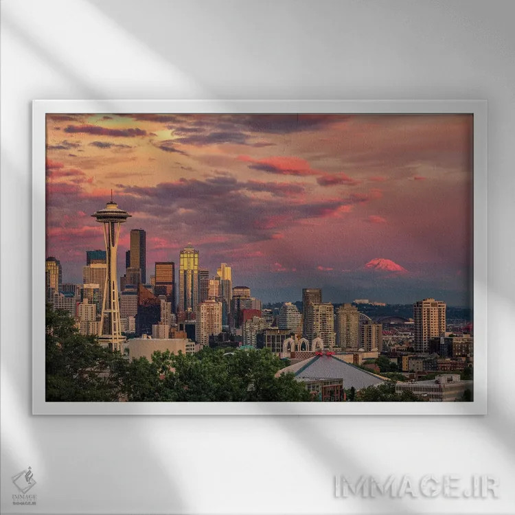 تابلو خط افق سیاتل، ایالت واشنگتن و کوه رینیر در دوردست اثر آدام جونز - نمای قابدار سفید