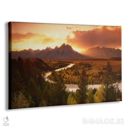 تابلو غروب بر فراز رشتهکوه تتون با رودخانه اسنیک در پیشزمینه، پارک ملی گرند تتون، وایومینگ، آمریکا اثر آدام جونز - نمای پرسپکتیو محصول