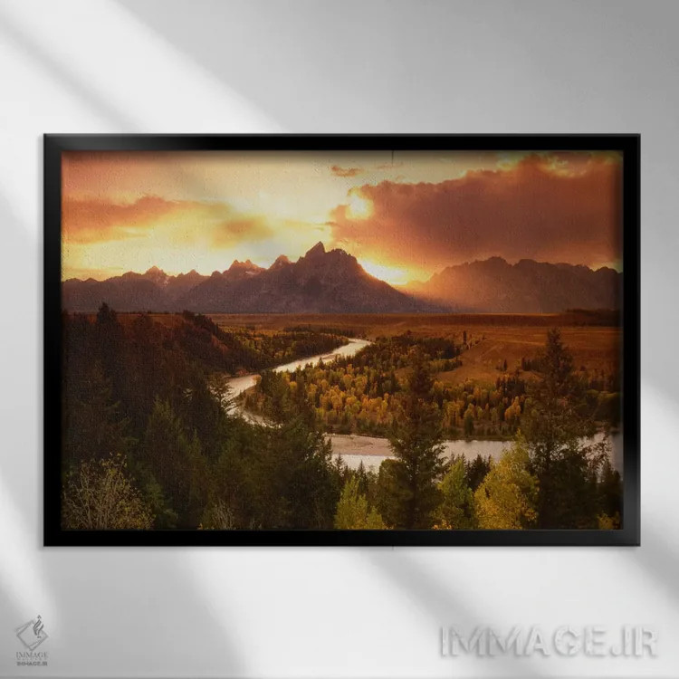 تابلو غروب بر فراز رشتهکوه تتون با رودخانه اسنیک در پیشزمینه، پارک ملی گرند تتون، وایومینگ، آمریکا اثر آدام جونز - نمای قابدار مشکی