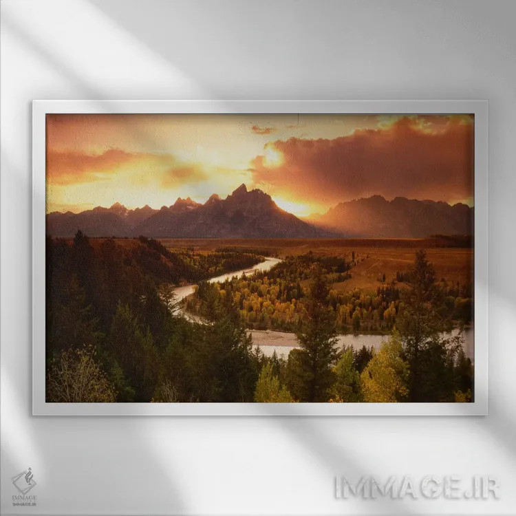 تابلو غروب بر فراز رشتهکوه تتون با رودخانه اسنیک در پیشزمینه، پارک ملی گرند تتون، وایومینگ، آمریکا اثر آدام جونز - نمای قابدار سفید