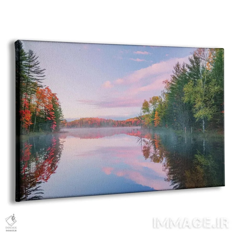 تابلو رنگهای پاییزی و مه بر دریاچه کانسل در طلوع، جنگل ملی هیاواتا، میشیگان اثر آدام جونز - نمای پرسپکتیو محصول